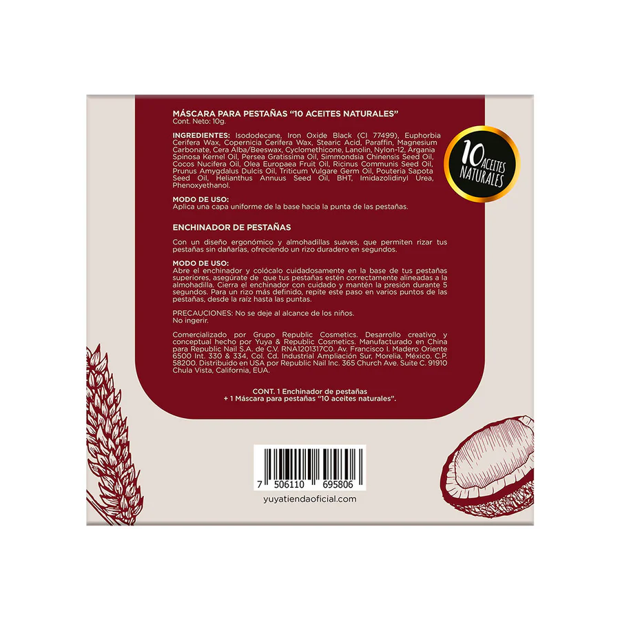 Kit Enchinador para pestañas Borgoña y Máscara de pestañas 10 Aceites Naturales Yuya
