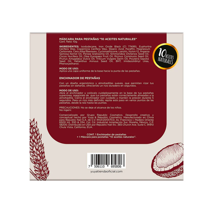 Kit Enchinador para pestañas Borgoña y Máscara de pestañas 10 Aceites Naturales Yuya