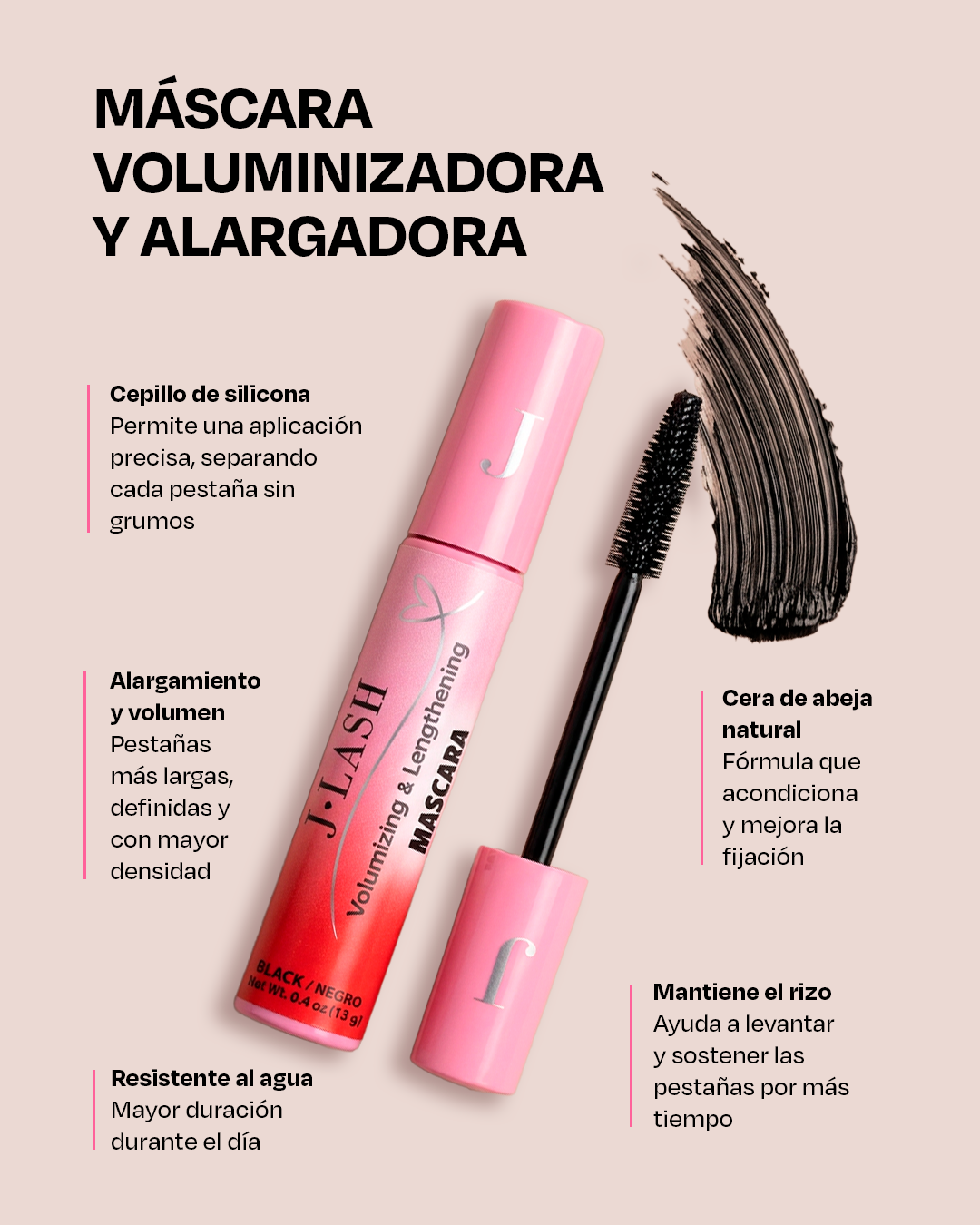 Mascara de Pestañas Jlash Volumizing &amp; Lengthening Silicone Brush Black
